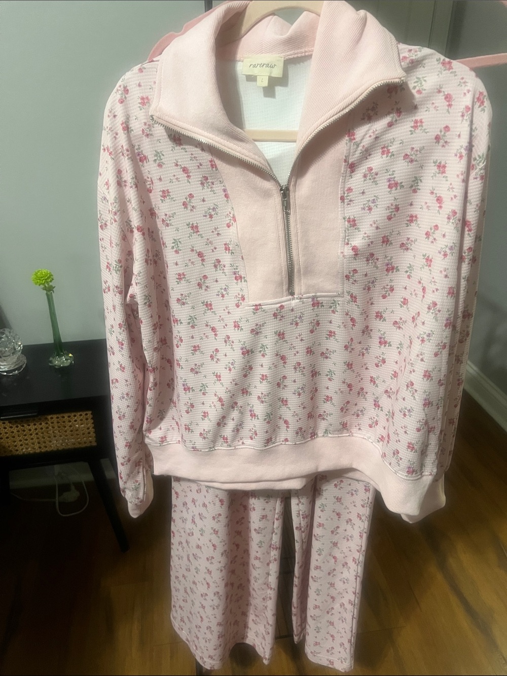 Rareraw  Light Pink Floral Half-Zip Sweatshirt and Pant Set